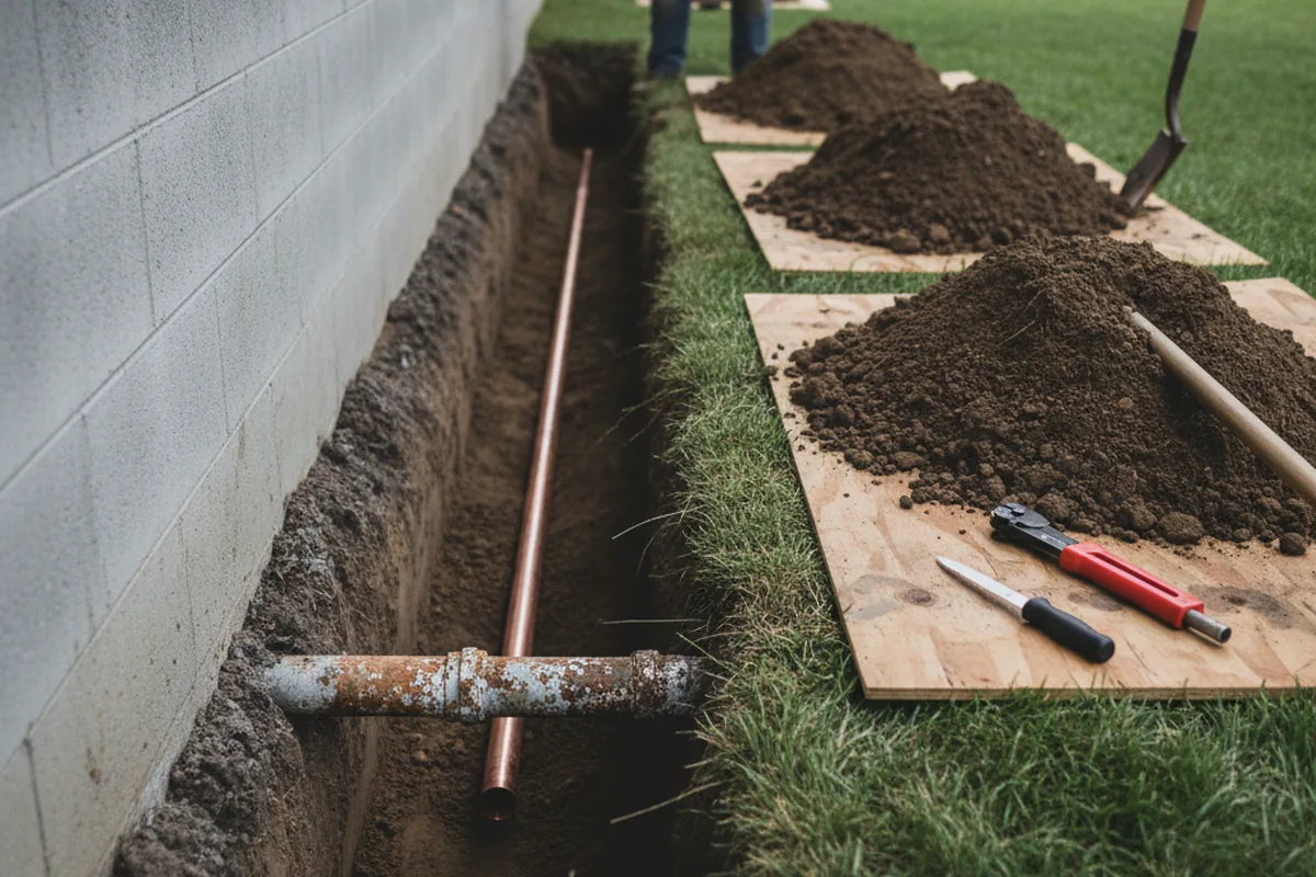 Excavated water line trench during Water Softener Installation in Peachland